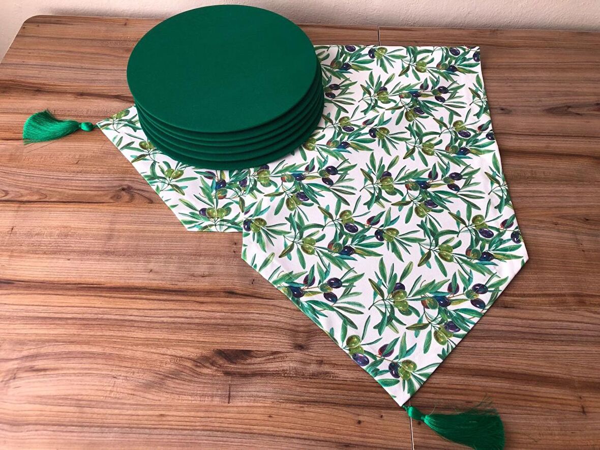 YEŞİL YAPRAKLAR ARASINDA ZEYTİN DESENLİ RUNNER & SUPLA