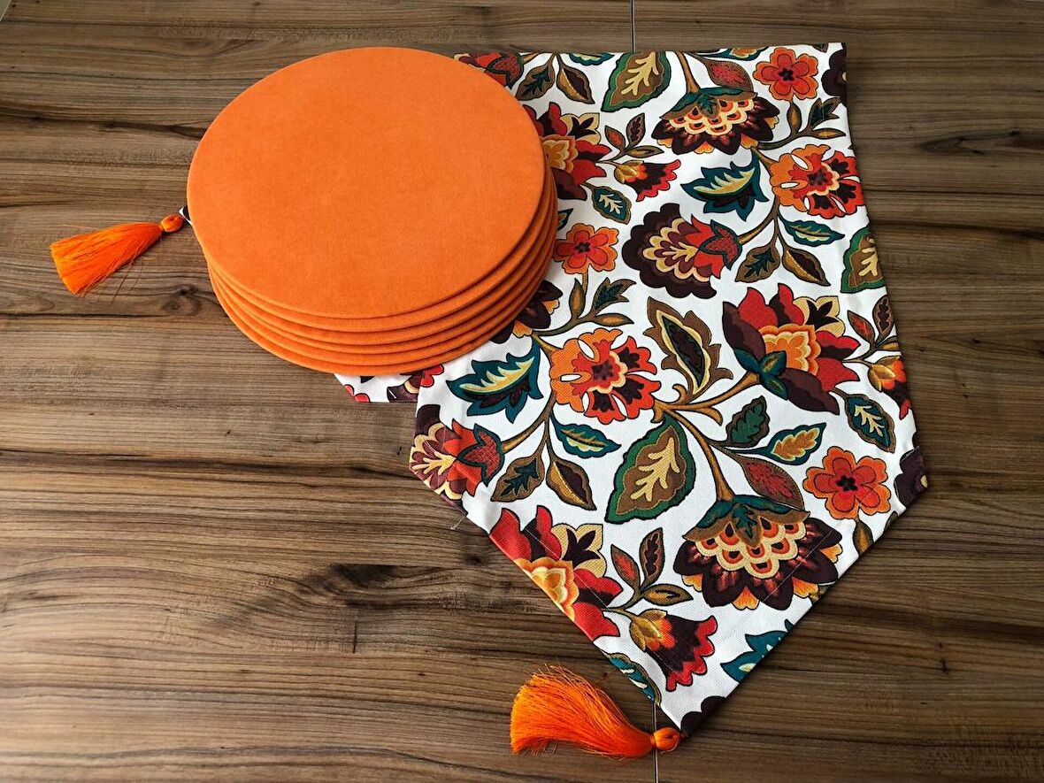 ÇİÇEKLİ ŞAL DESENLİ RUNNER & TURUNCU DÜZ SUPLA