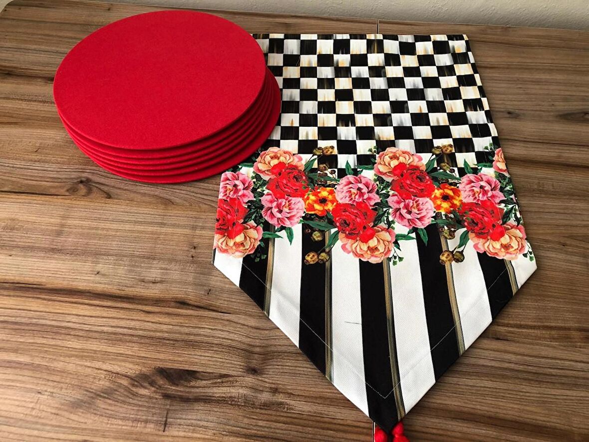 KIRMIZI GÜL DESENLİ RUNNER & SUPLA