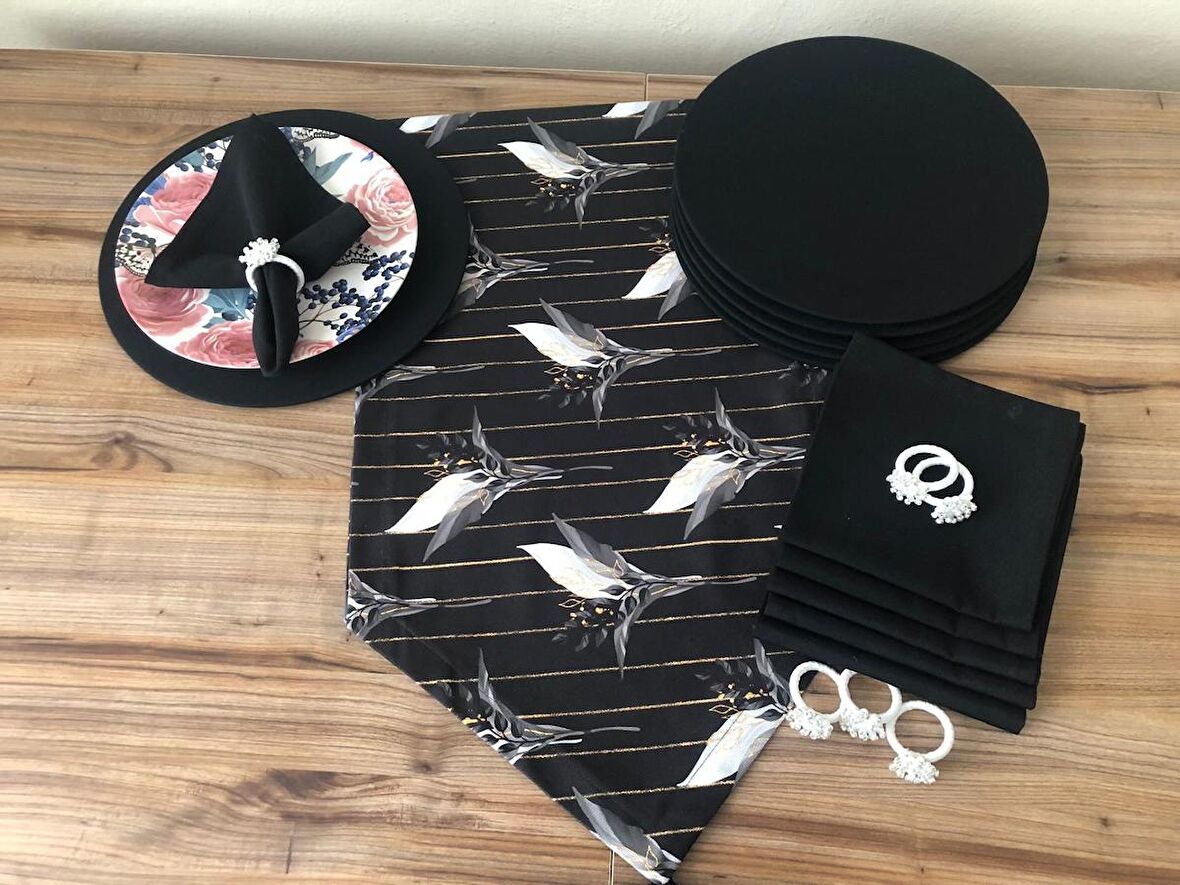 SOFRA SUNUM SETİ SİYAH ZEMİN YAPRAK DESENLİ