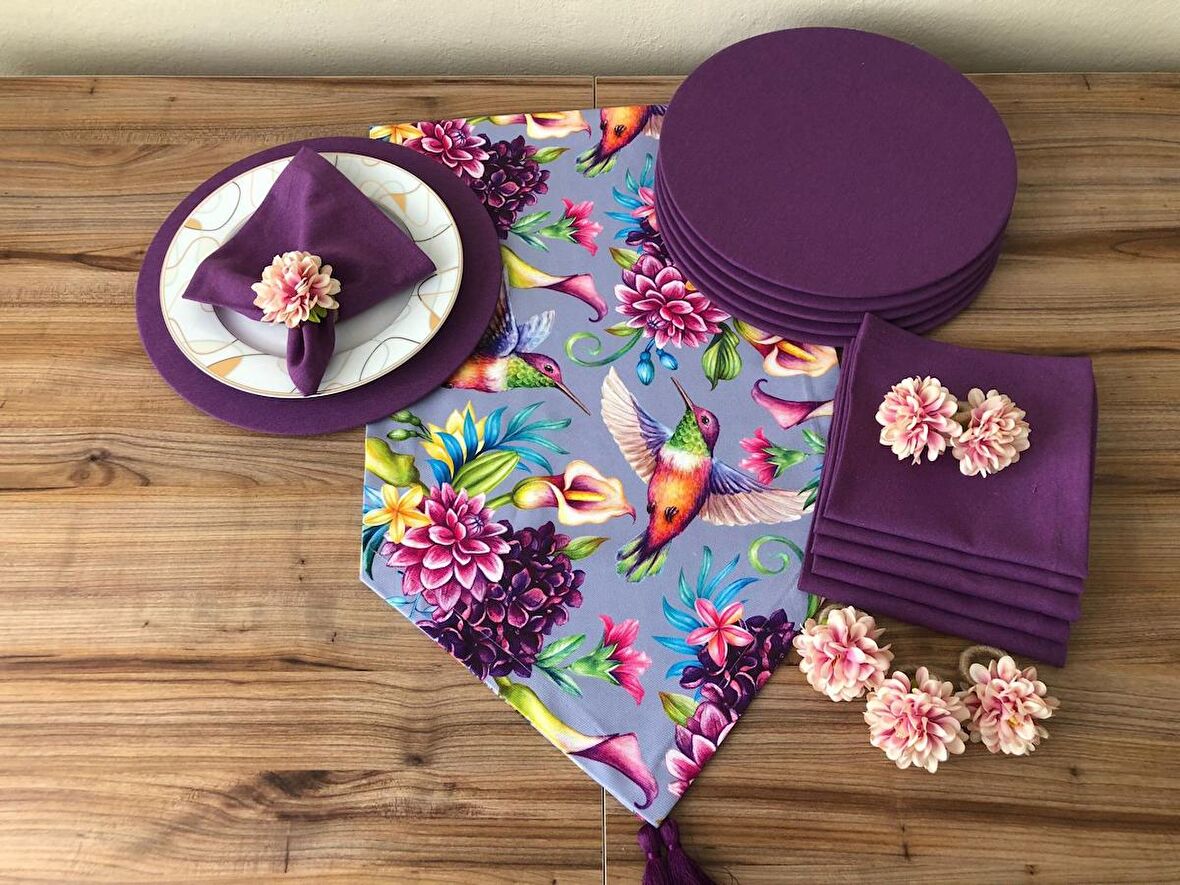 SOFRA SUNUM SETİ ÇİÇEKLER ARASINDA KUŞ DESENLİ