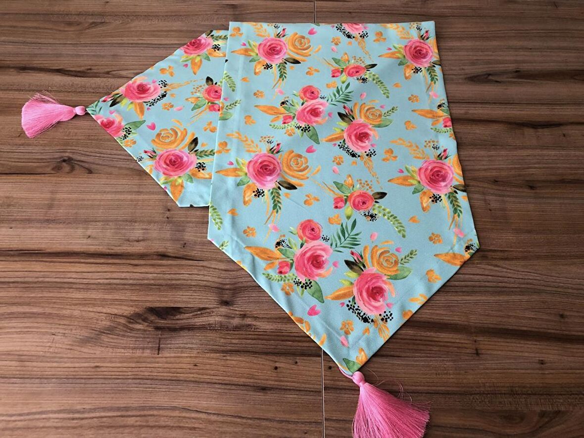 MİNT ZEMİN PEMBE GÜLLER DESENLİ RUNNER