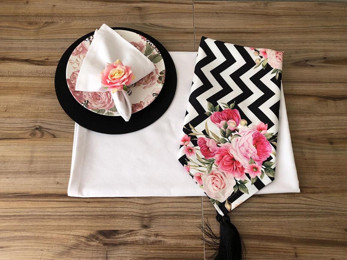 SOFRA SUNUM SETİ ZİGZAG ZEMİN ÜZERİNE GÜL DESENLİ TAKIM