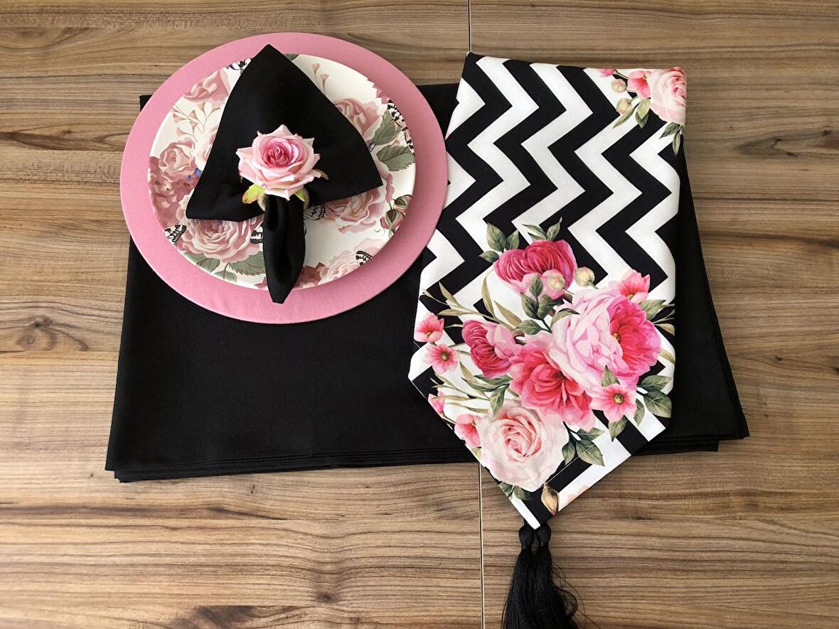 SOFRA SUNUM SETİ ZİGZAG ZEMİN ÜZERİNE PEMGE GÜL DESENLİ TAKIM