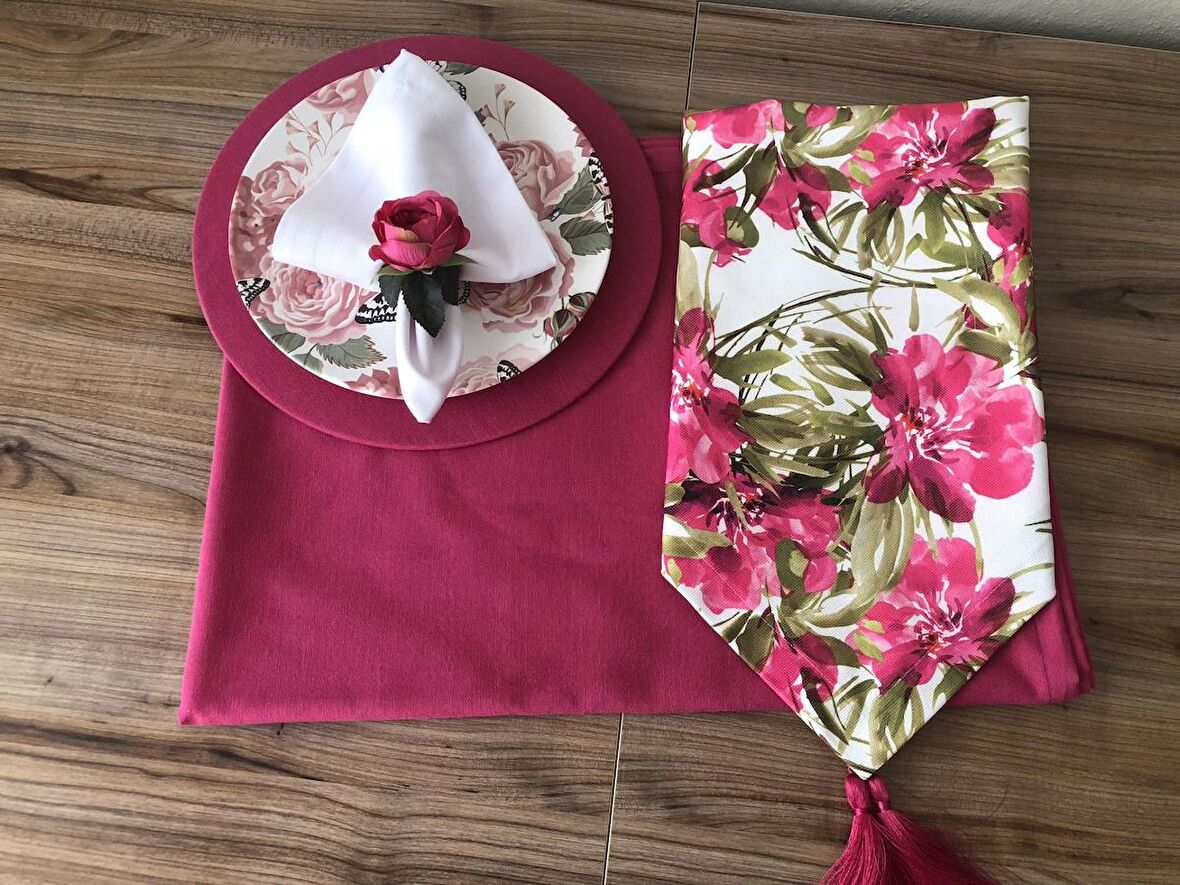 SOFRA SUNUM SETİ BEYAZ ZEMİN FUŞYA ÇİÇEK DESENLİ