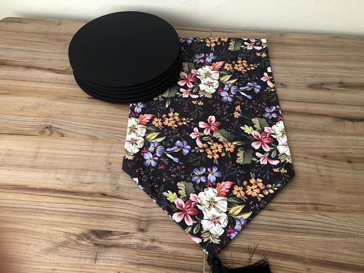 SİYAH ZEMİN RENKLİ ÇİÇEKLER DESENLİ RUNNER & SUPLA