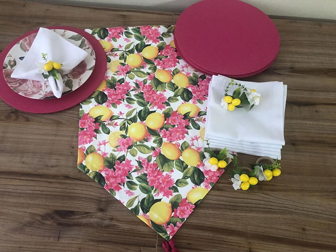 SOFRA SUNUM SETİ FUŞYA ÇİÇEKLER ARASINDA LİMON DESENLİ