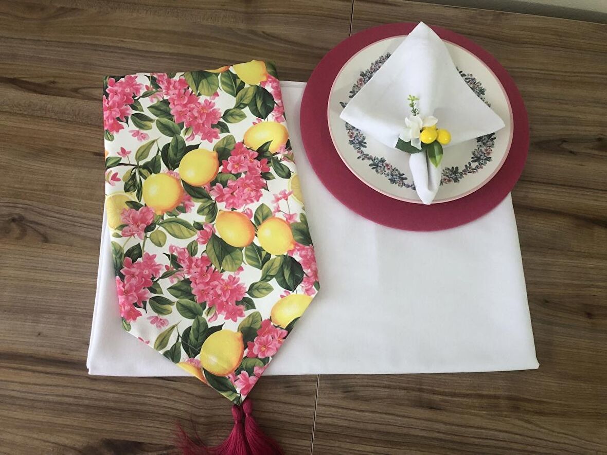 SOFRA SUNUM TAM SET FUŞYA ÇİÇEKLER ARASINDA LİMON DESENLİ