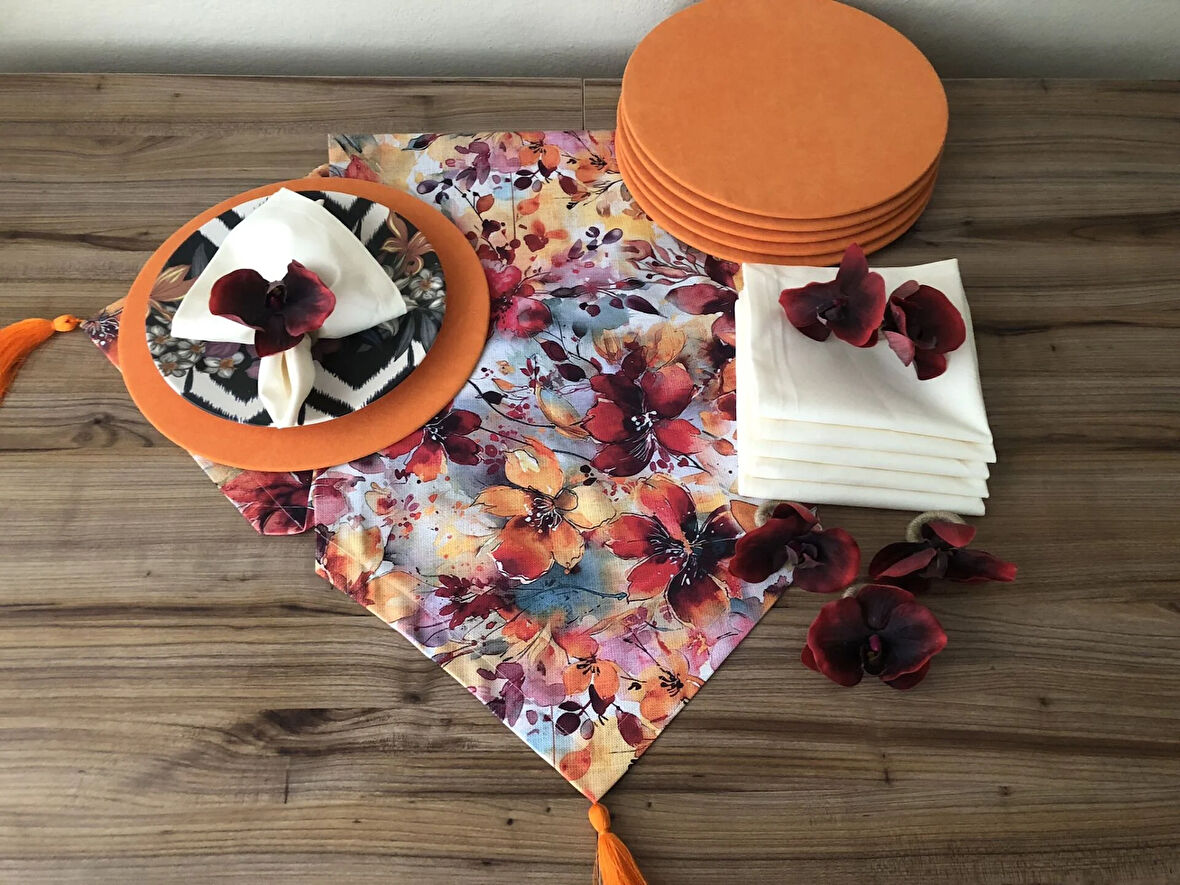 SOFRA SUNUM SETİ KETİEN EFEKTLİ SOYUT ÇİÇEKLER DESENLİ  TAKIM