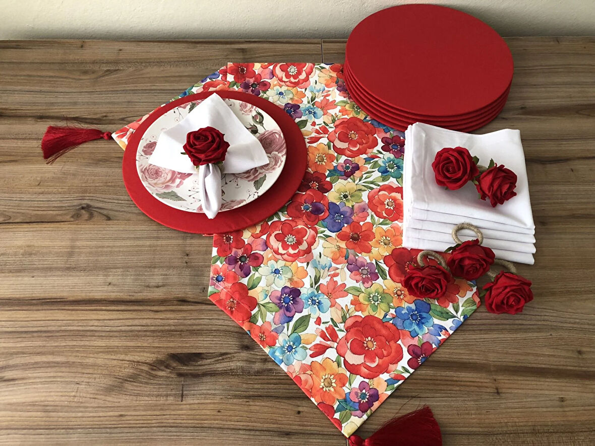SOFRA SUNUM SETİ KIRMIZI MAVİ SARI ÇİÇEK DESENLİ TAKIM