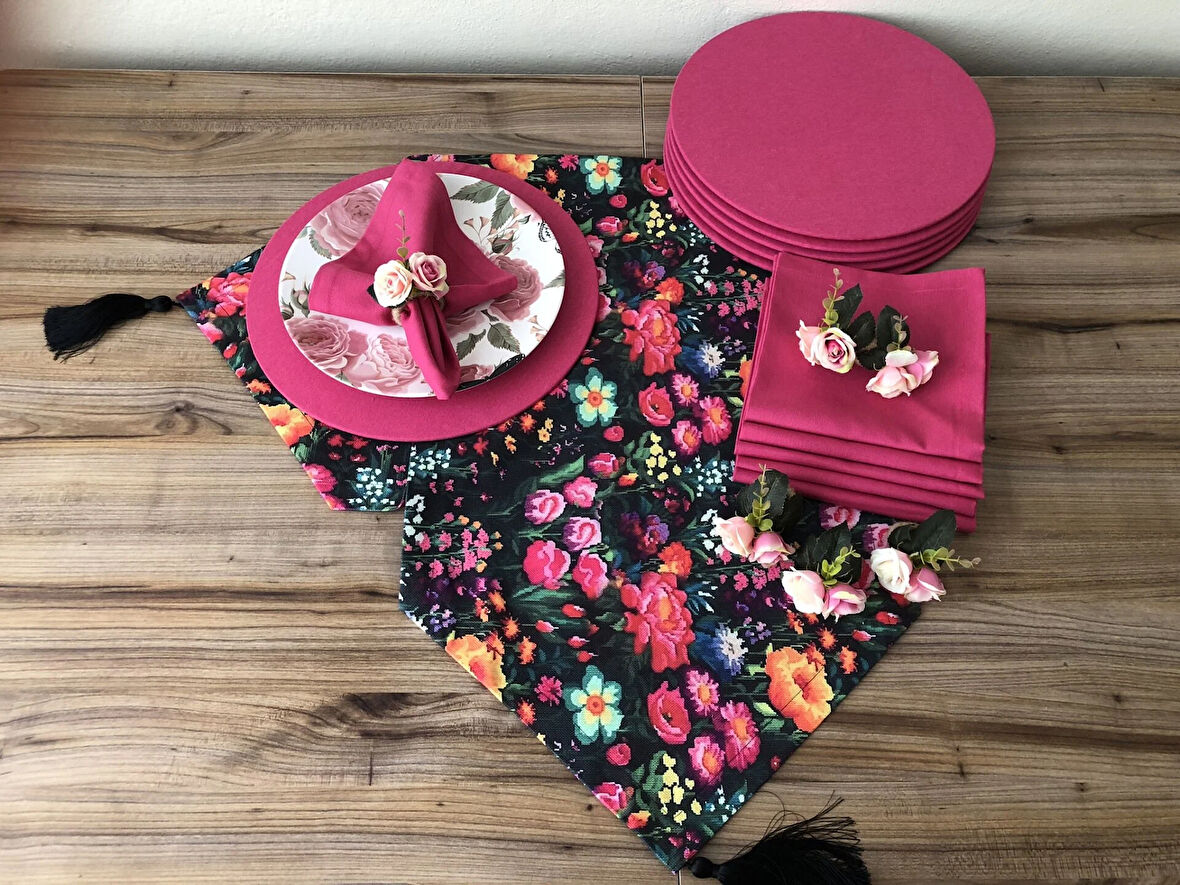 SOFRA SUNUM SETİ KETEN EFEKTLİ ÇİÇEK BAHÇESİ DESENLİ TAKIMI