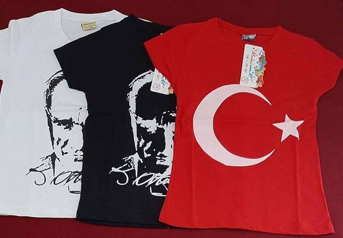  Atatürk ve Türk Bayrağı Baskılı Kız ve Erkek Çocuk T-Shirt 3'lü Paket Renk Siyah-Beyaz-Kırmızı