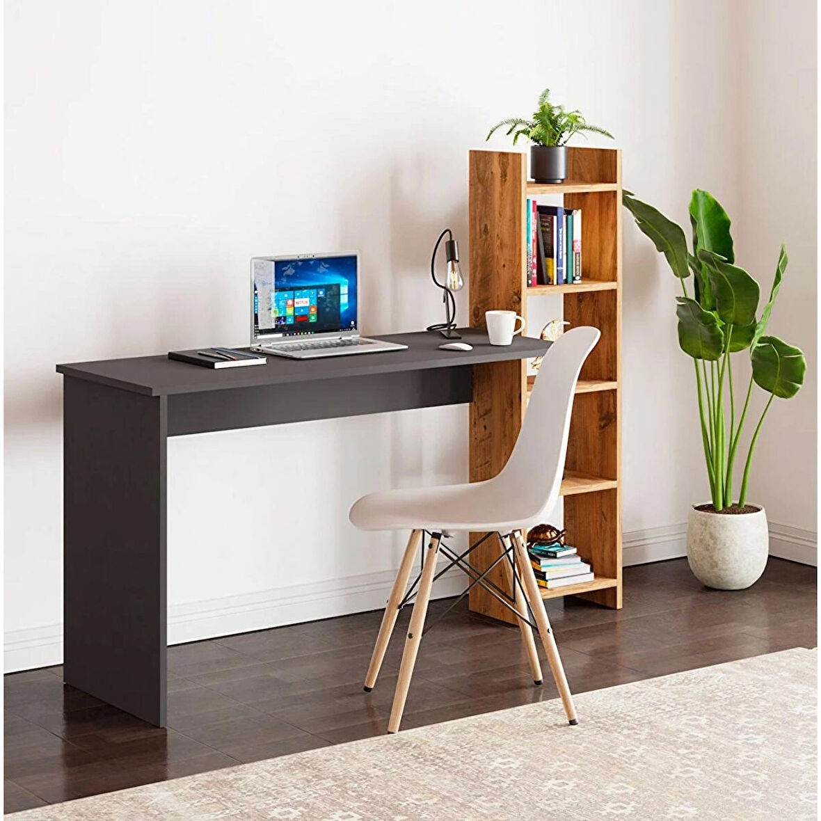Reyo Kitaplıklı Fonksiyonel Çalışma Masası MS2 Antrasit Çam