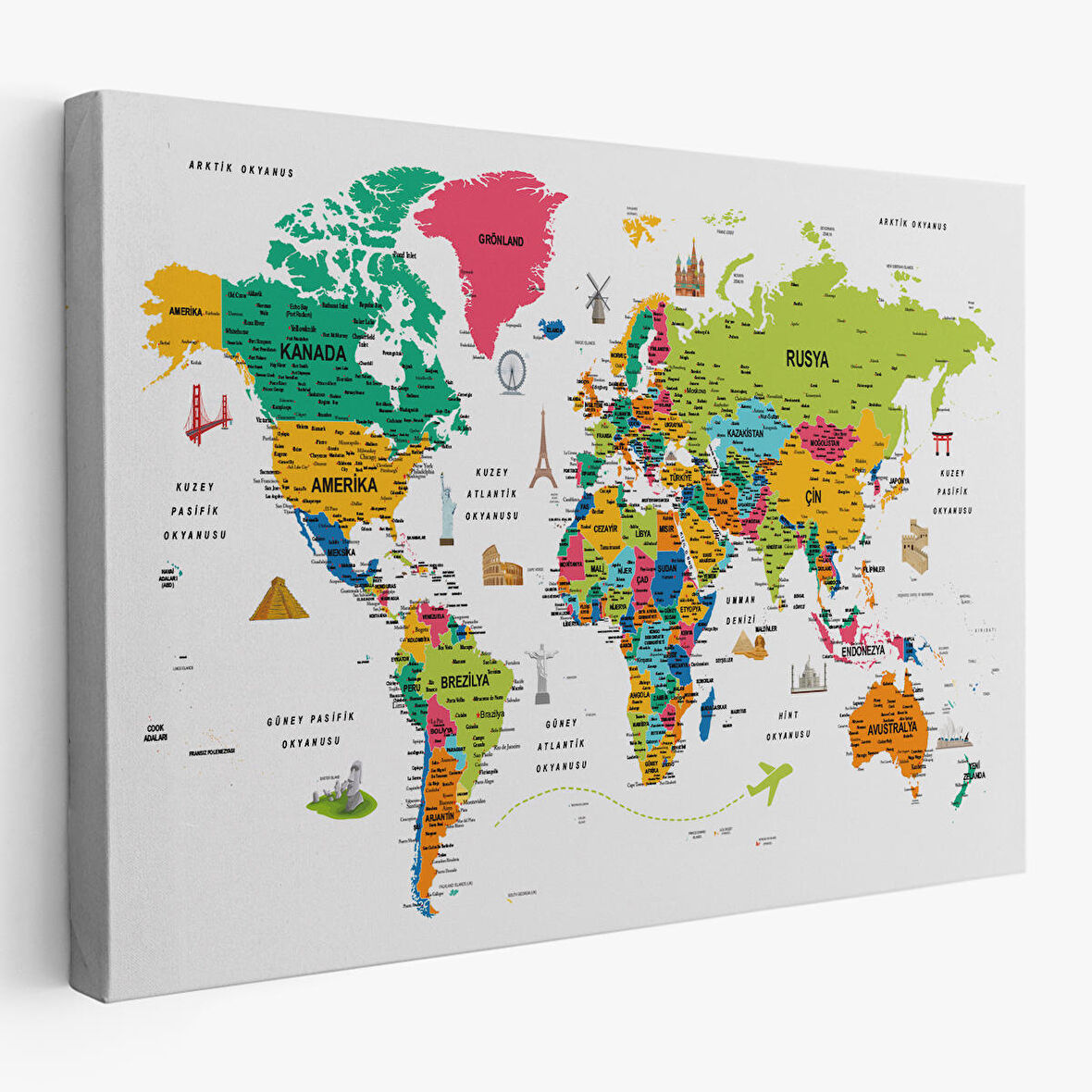 Harita Sepeti Türkçe Dünya Haritası Son Derece Ayrıntılı Eğitici ve Sembollü Kanvas Tablo 3216