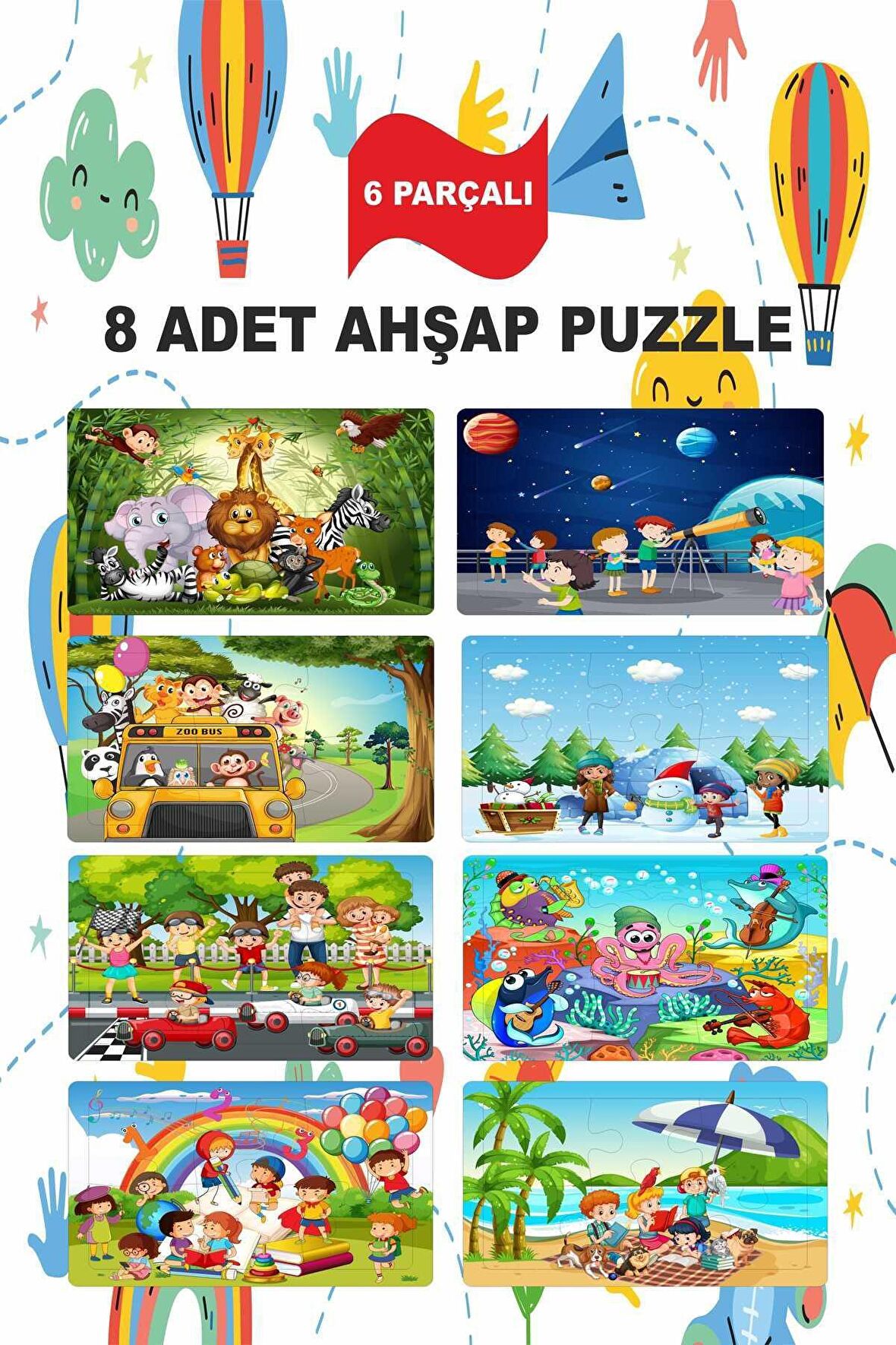 Rengarenk Ahşap Çocuk Puzzle 6 Parça 8 Adet eğitici öğretici