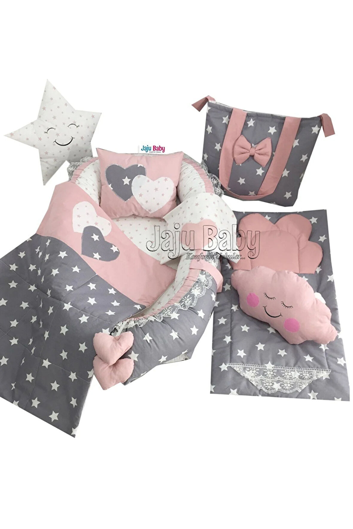 Nest Gri Pudra Yıldızlı 8 Parça Lüx Babynest Nest Anne Yanı Bebek Yatağı Set 8 Pieces