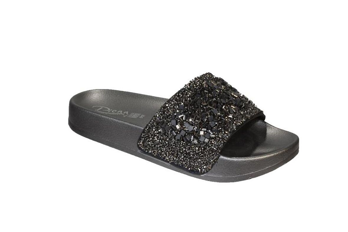 YAZKIŞ Kadın Siyah Platin Üzeri Taşlı Simli  Günlük Rahat Terlik