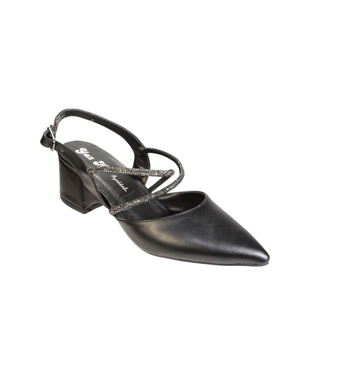 YAZKIŞ Kadın Siyah Beyaz Cilt Üzeri Taşlı Çapraz bantlı Arkası Açık 5cm Kalın Topuk Ayakkabı