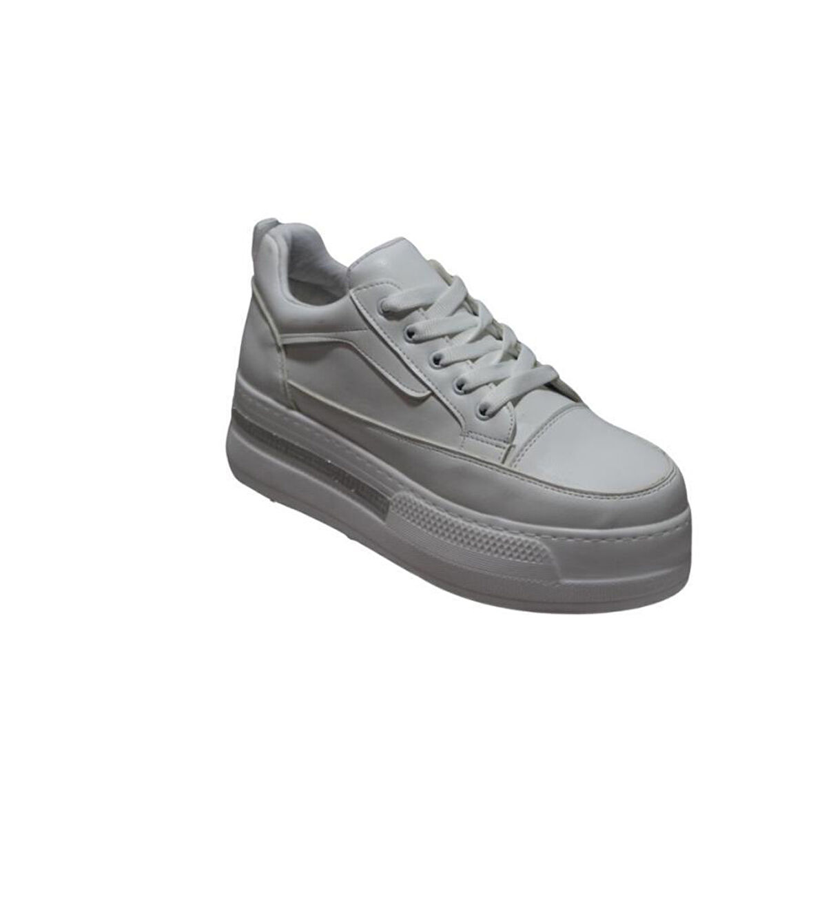 YAZKIŞ Kadın Siyah Beyaz Cilt 5cm Kalın Taban Bağcıklı Tabanı Taşlı Sneaker Spor Ayakkabı