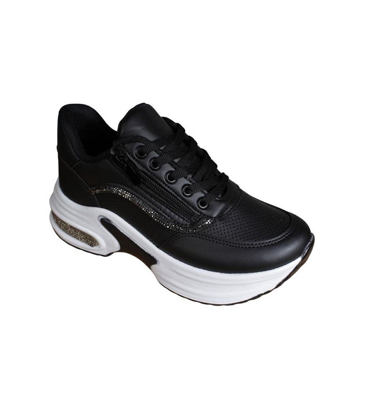 YAZKIŞ Kadın Siyah Beyaz cilt Tabanı Taşlı Yandan Fermuarlı Bağcıklı Fashıon Günlük Spor Ayakkabı