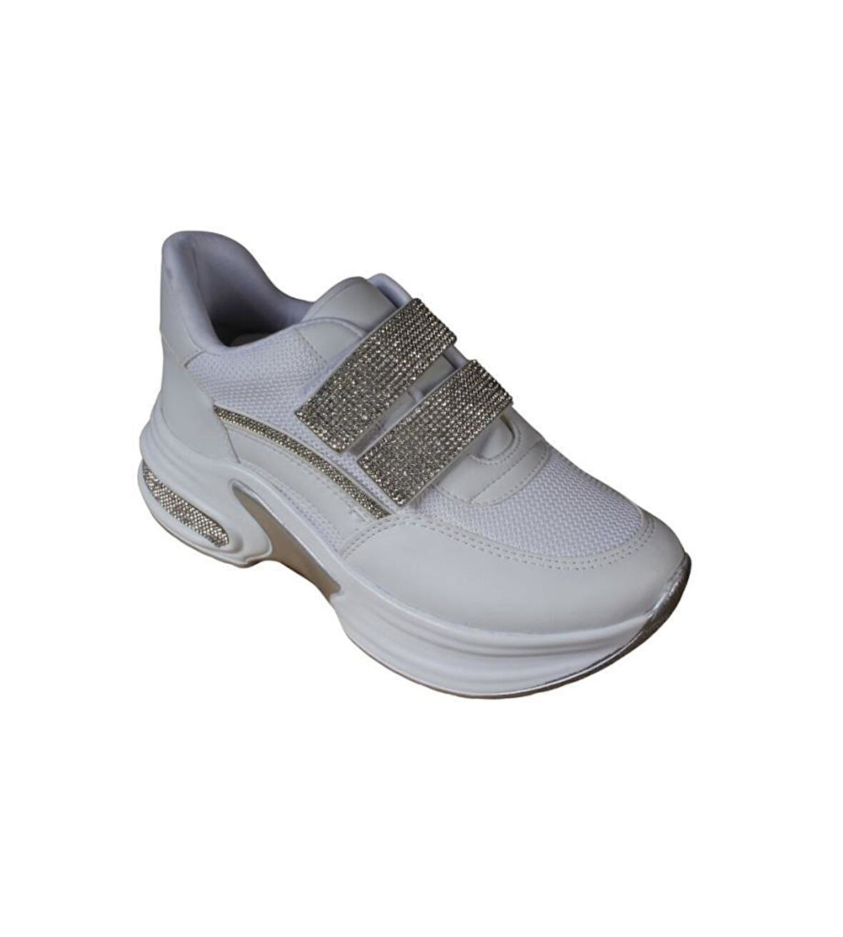 YAZKIŞ Kadın Siyah Beyaz Fileli Çırtlı Çırtı Ve Tabanı Taşlı 5cm kalın Taban Sneaker Fashıon Spor Ay