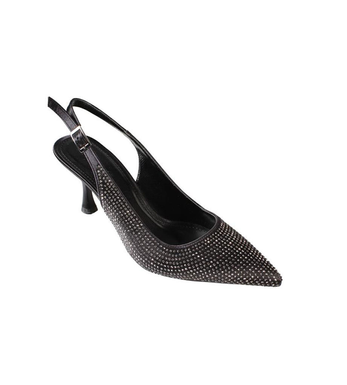 YAZKIŞ Kadın Siyah Gümüş Üzeri Full Taş Önü Sivri Arkası Açık 8cm İnce topuk Ayakkabı