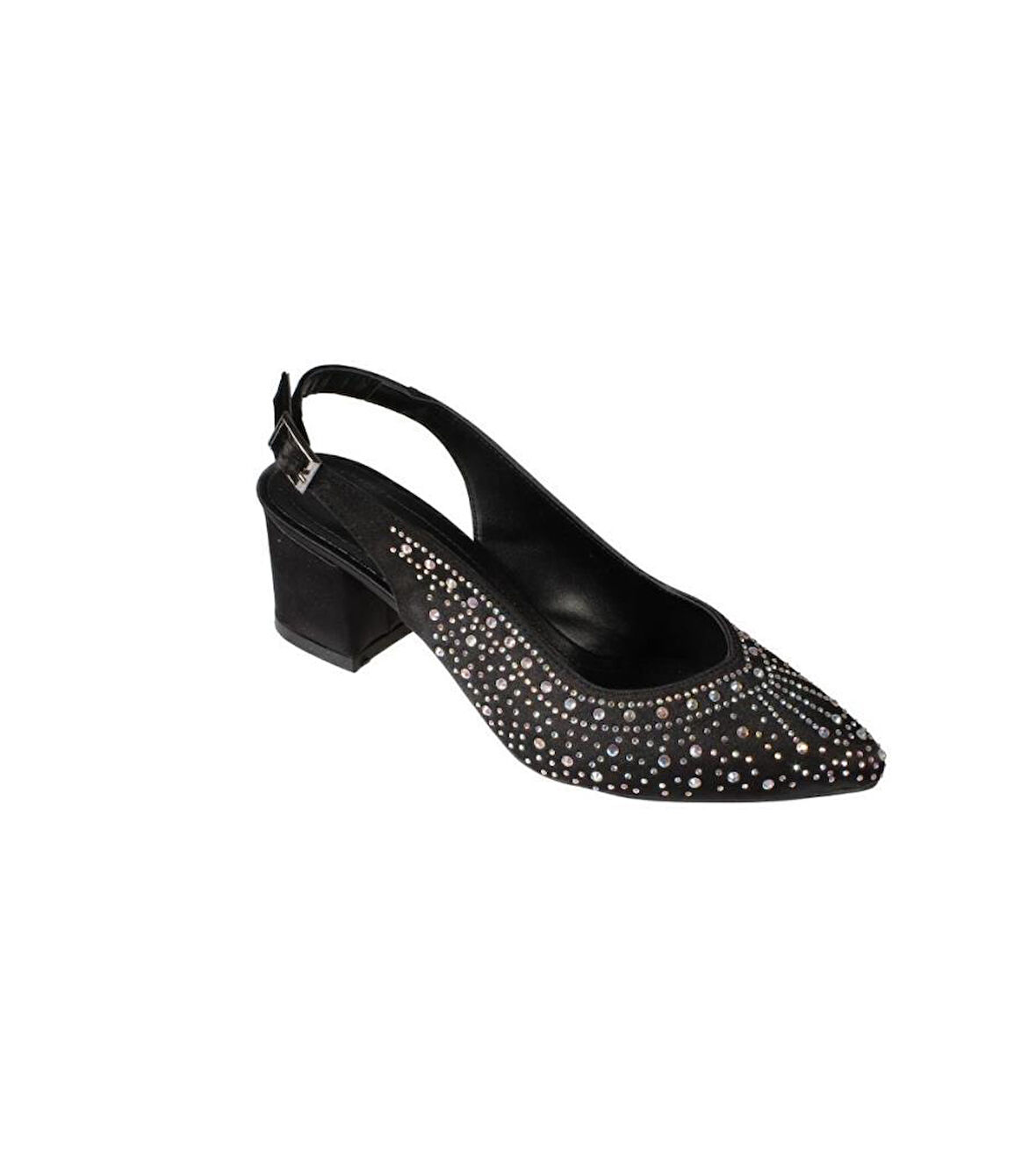 YAZKIŞ Kadın Siyah Gümüş Saten Işın Taşlı 5cm Kalın Topuk Önü Kapalı Arkası Açık Abiye Ayakkabı