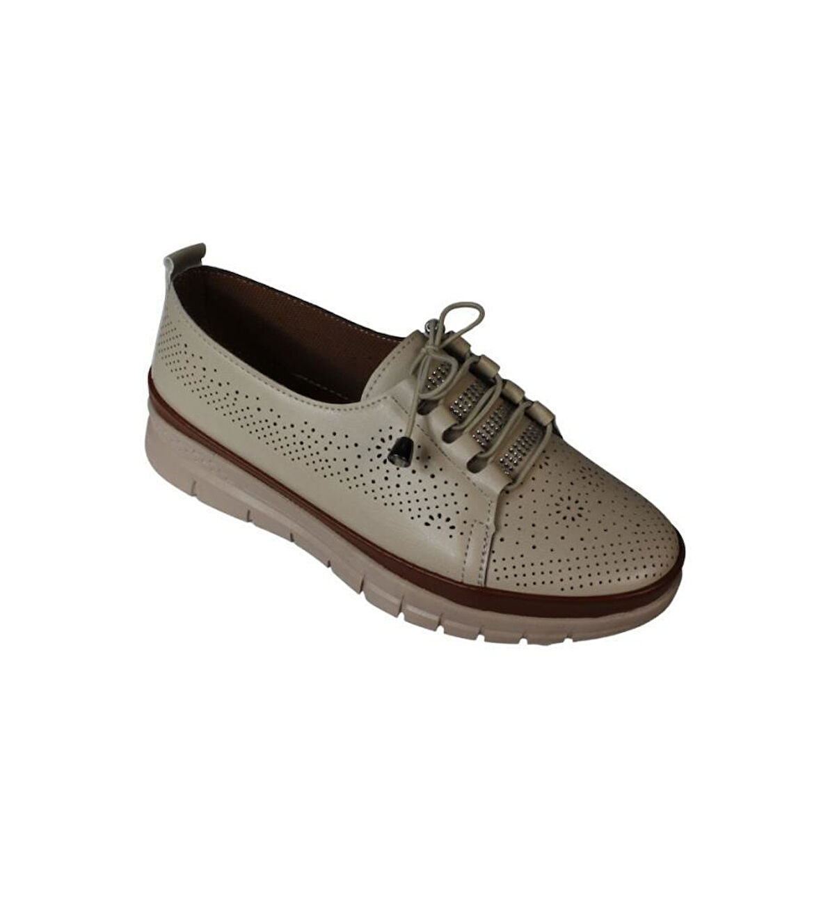 YAZKIŞ Kadın Siyah Krem Cilt Delikli Dil Kısmı Taşlı Üzeri Lastik Bağcık Comfort Taban Ayakkabı