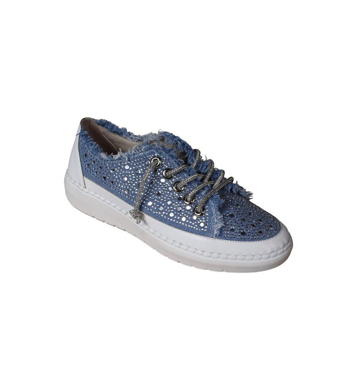 YAZKIŞ Kadın Mavi Kot Üzeri ve Bağcıkları Taşlı Sneaker Fashıon Günlük Spor Ayakkabı