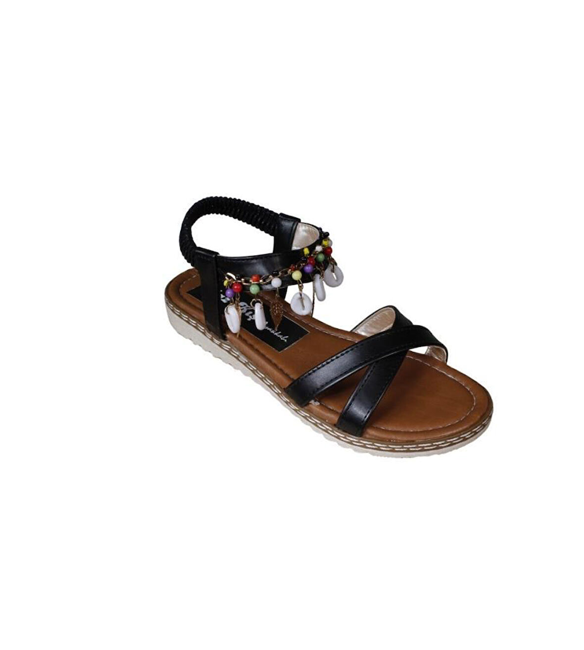 YAZKIŞ Kadın Siyah  Bileği Lastikli Boncuklu Düz Taban Sandalet