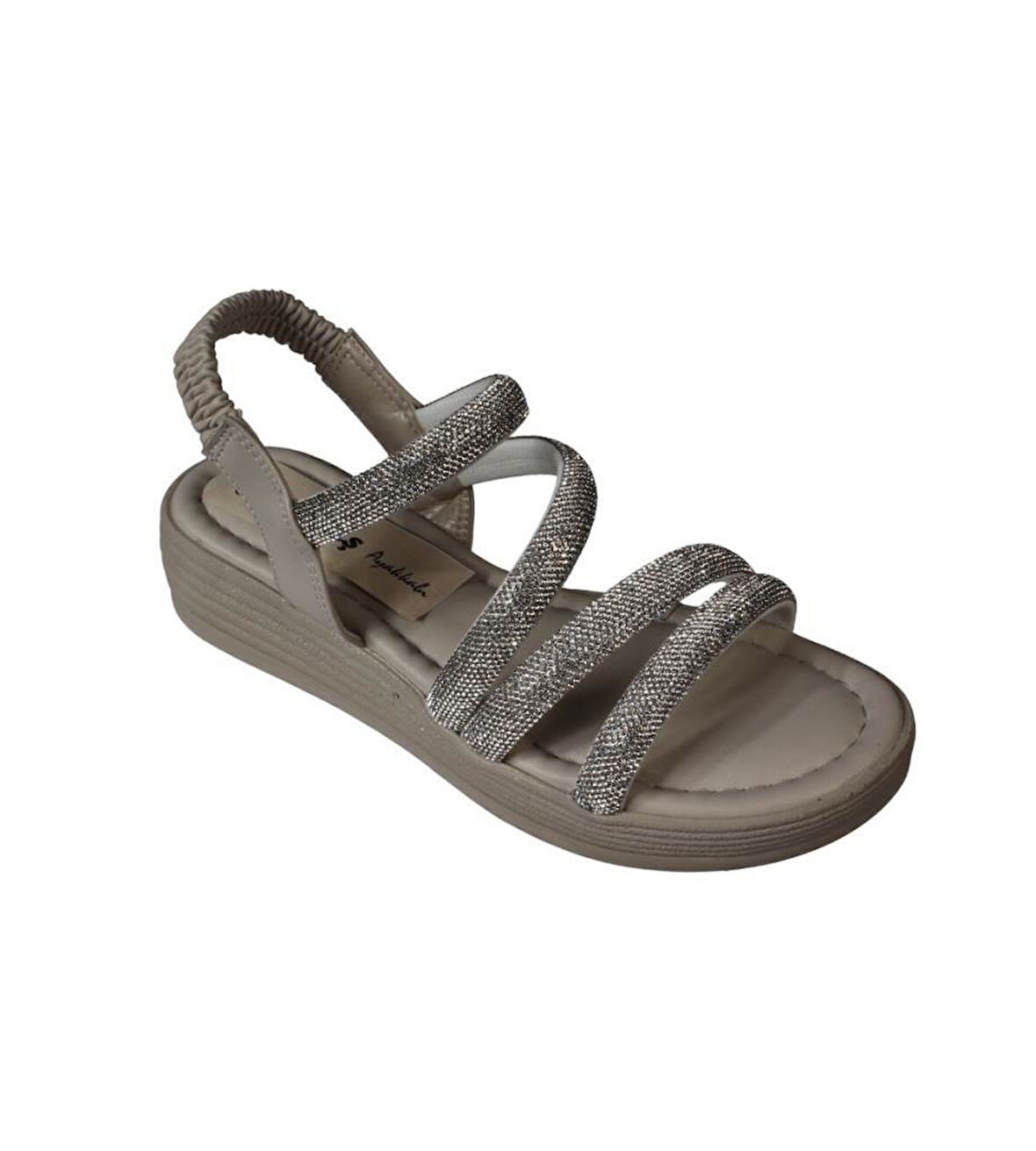 YAZKIŞ Kadın Siyah Krem Beyaz Roz Üzeri Taş Bant Atkılı 4cm Kalın Taban Arkası Lastikli Sandalet