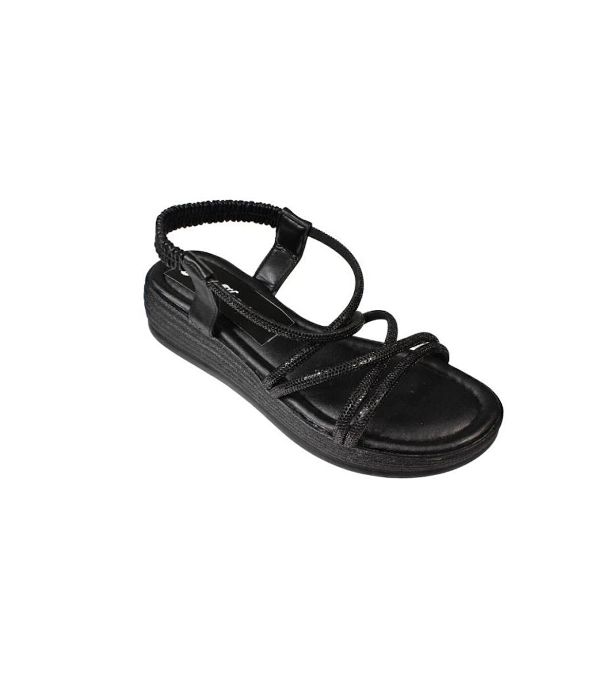 YAZKIŞ Kadın Siyah  Beyaz Cilt Çift Bantlı Üzeri Çapraz Taşlı 4cm Arkası Lastikli Kalın Taban Sandal
