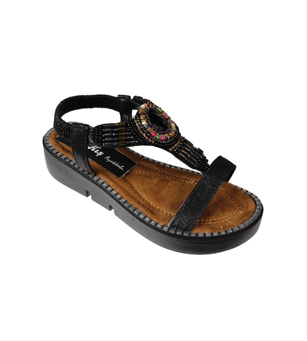YAZKIŞ Kadın Siyah Ten Taşlı Lastikli Rahat Taban Sandalet Topuk Boyu 4cm