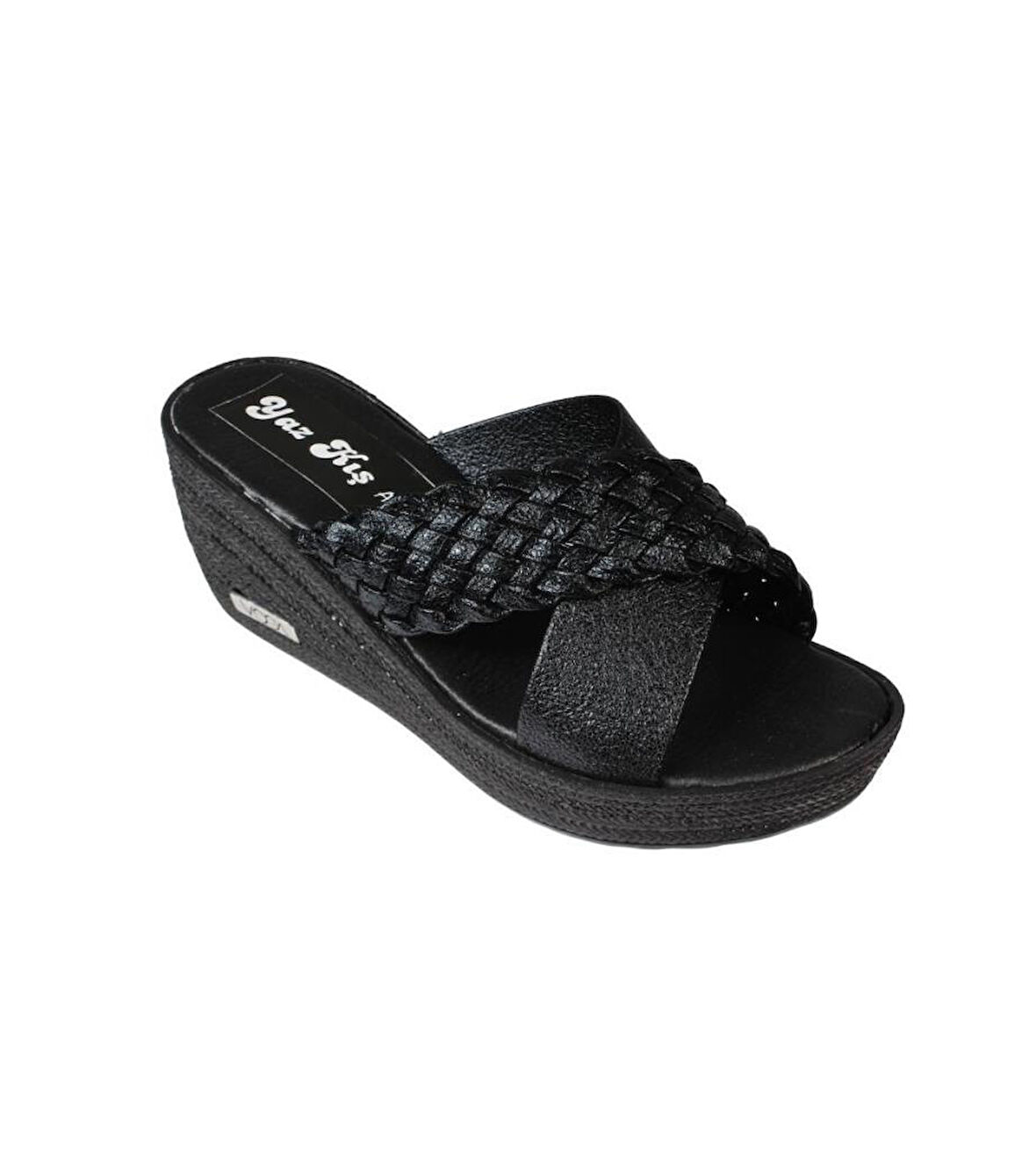 YAZKIŞ Kadın Siyah Çapraz Bantlı Örgü 7cm Dolgu Topuk Terlik