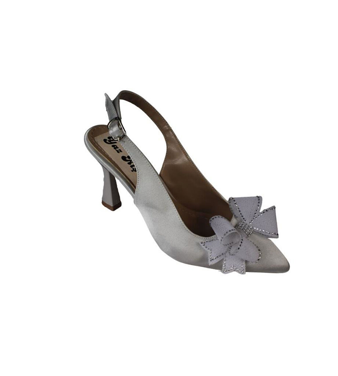 YAZKIŞ Kadın Siyah Gümüş Saten Üzeri Fiyonk Toka 9cm Kadeh Topuk Arkası Açık Steletto Ayakkabı