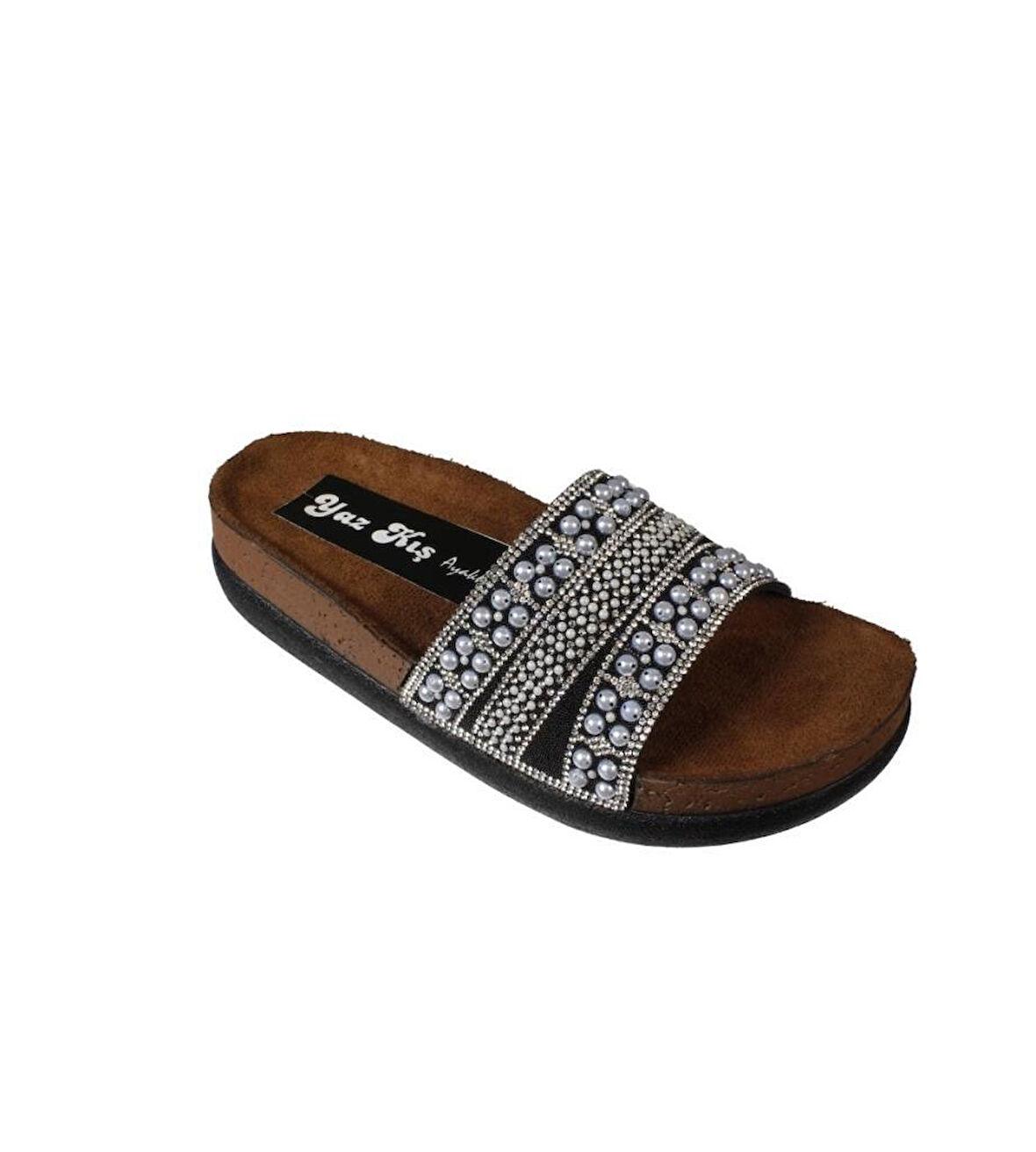 YAZKIŞ Kadın Siyah Krem Üzeri Boncuk Taşlı 4cm Kalın Taban  Mantar taban Terlik