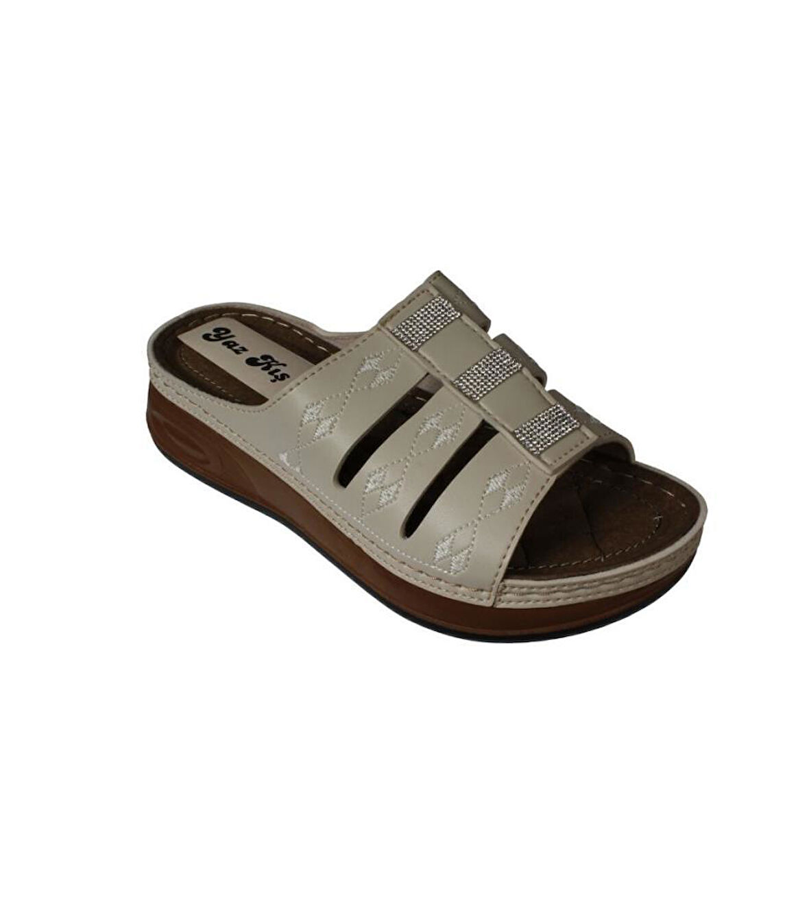 YAZKIŞ Kadın Siyah Krem Cilt Üzeri Taşlı Kalın Taban Comfort Taban terlik