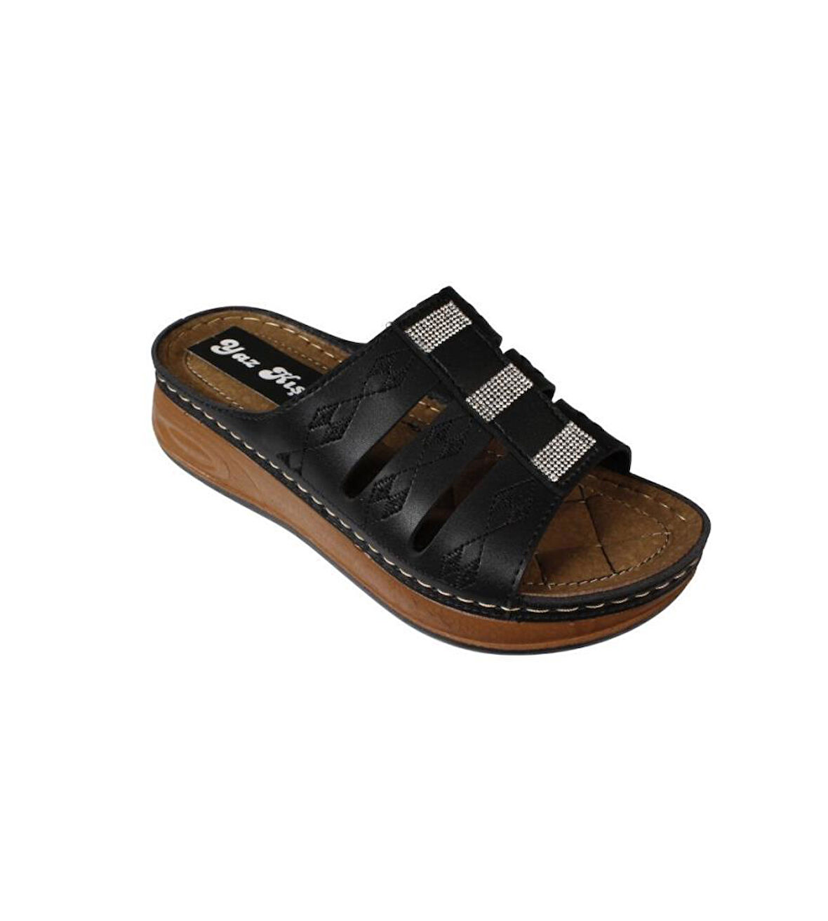 YAZKIŞ Kadın Siyah Krem Cilt Üzeri Taşlı Kalın Taban Comfort Taban terlik