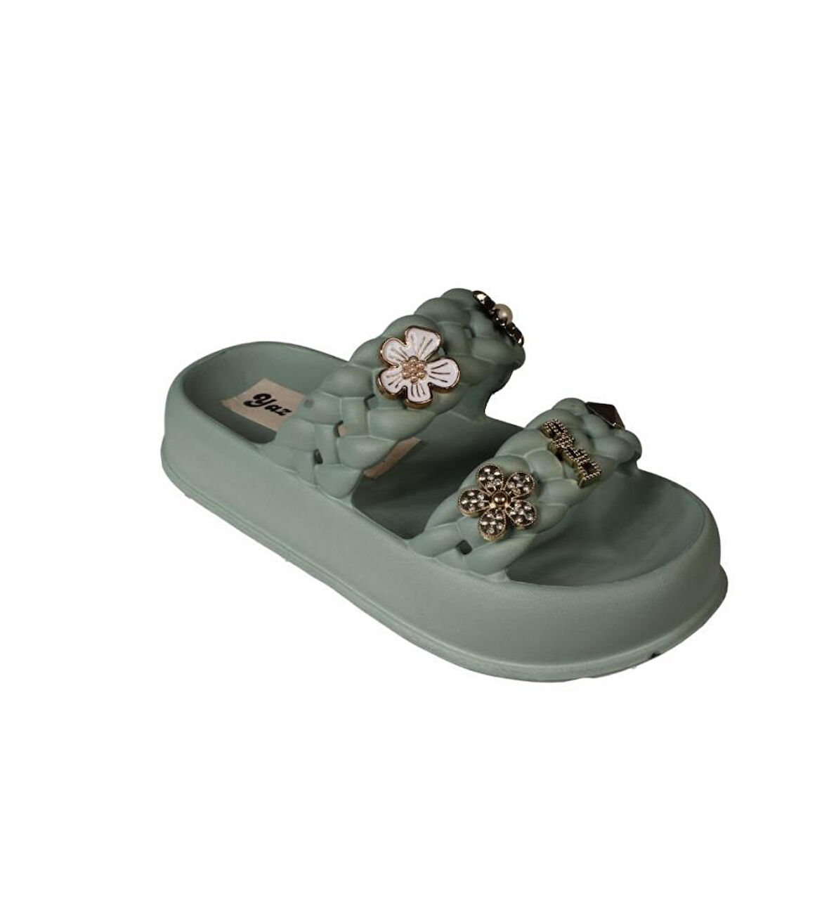 YAZKIŞ Kadın Siyah Krem Yeşil Gri Çift Bantlı Üzeri Taşlı Kauçuk Deniz Plaj Havuz Terlik