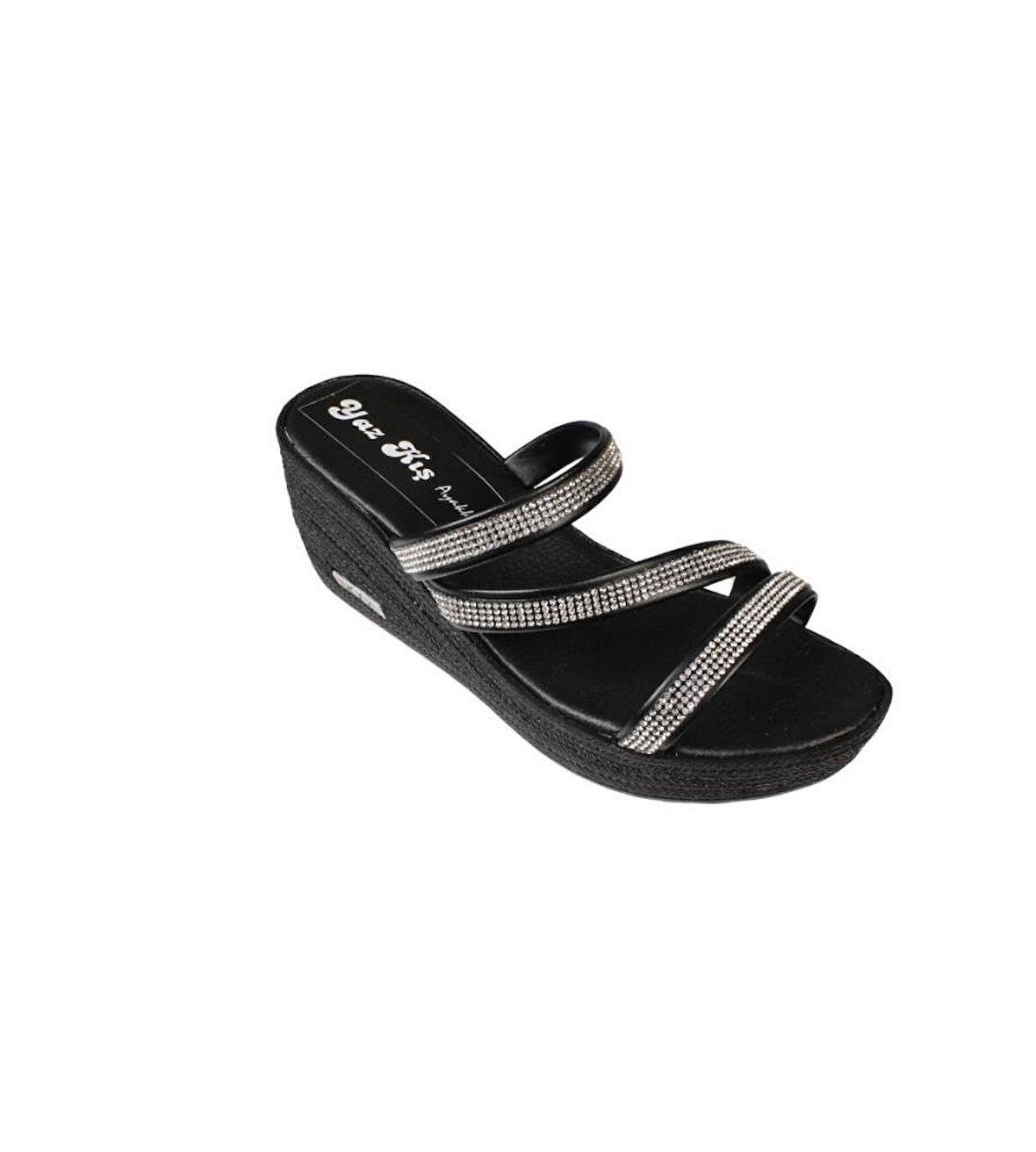 YAZKIŞ Kadın Siyah Üzeri Çapraz Taşlı 6cm Dolgu Topuk Sandalet