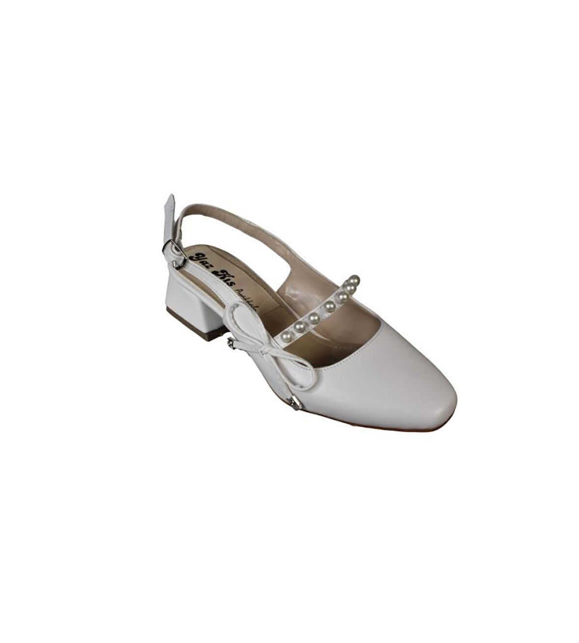 YAZKIŞ Kadın Siyah Beyaz Rugan İnci Fiyonklu Önü Kut Burun 4cm Kalın Topuk Ayakkabı