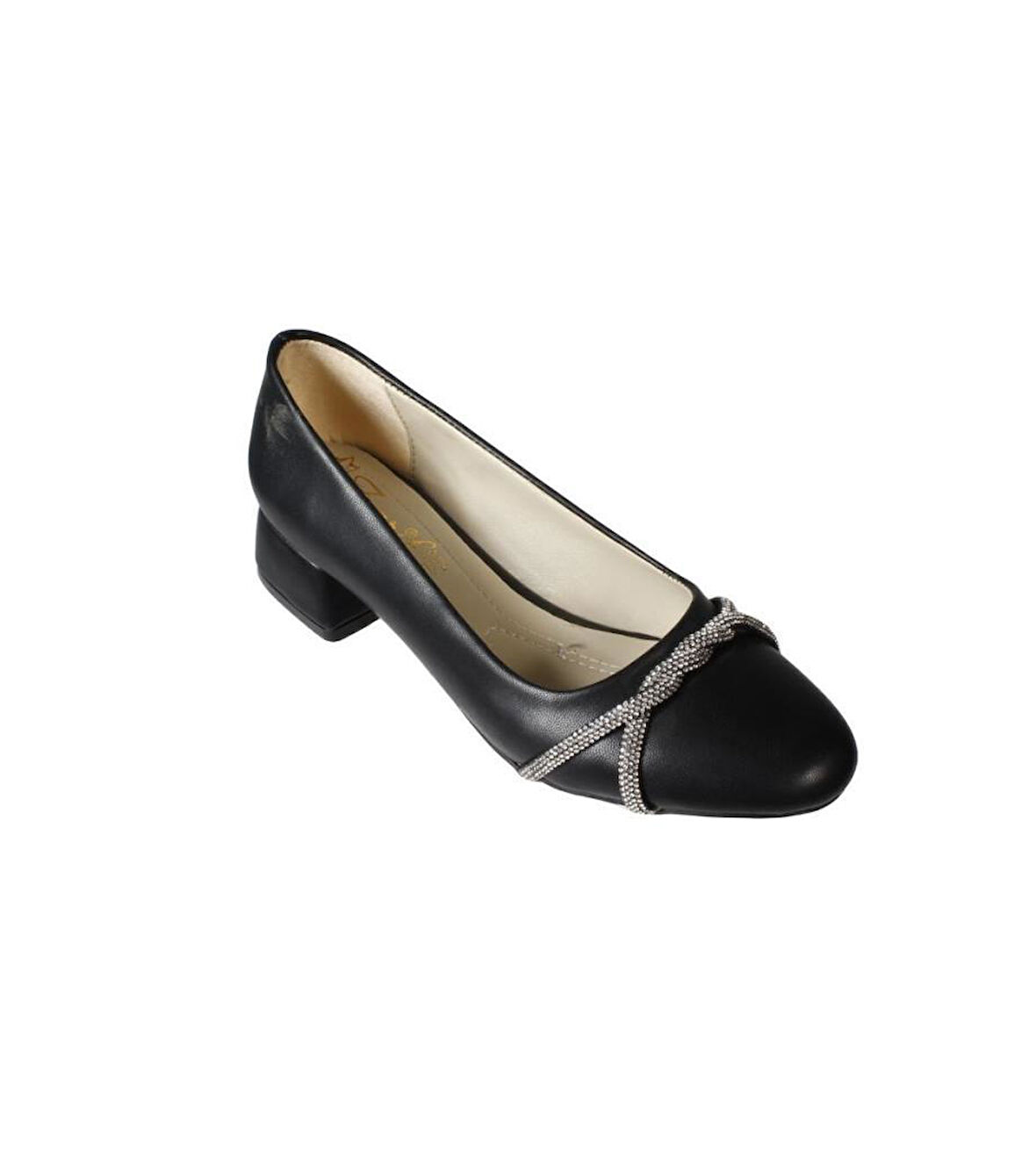 YAZKIŞ Kadın Siyah Cilt Gümüş Parlak Üzeri Burgu Taşlı Yuvarlak Burun 3cm Kare Topuk Ayakkabı