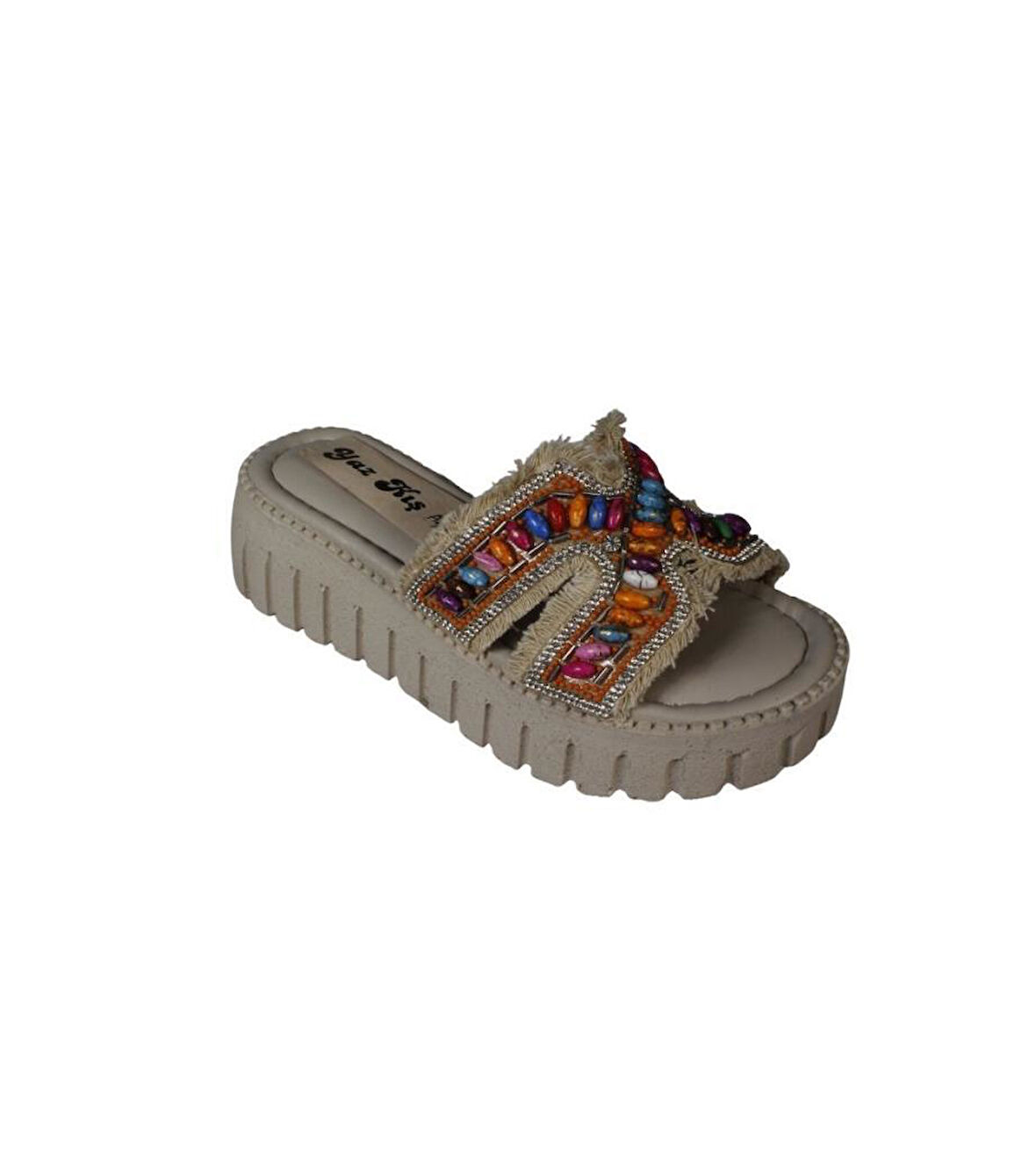 YAZKIŞ Kadın Siyah Ten Üzeri Püsküllü Renkli Boncuklu 5cm Rahat Taban Terlik