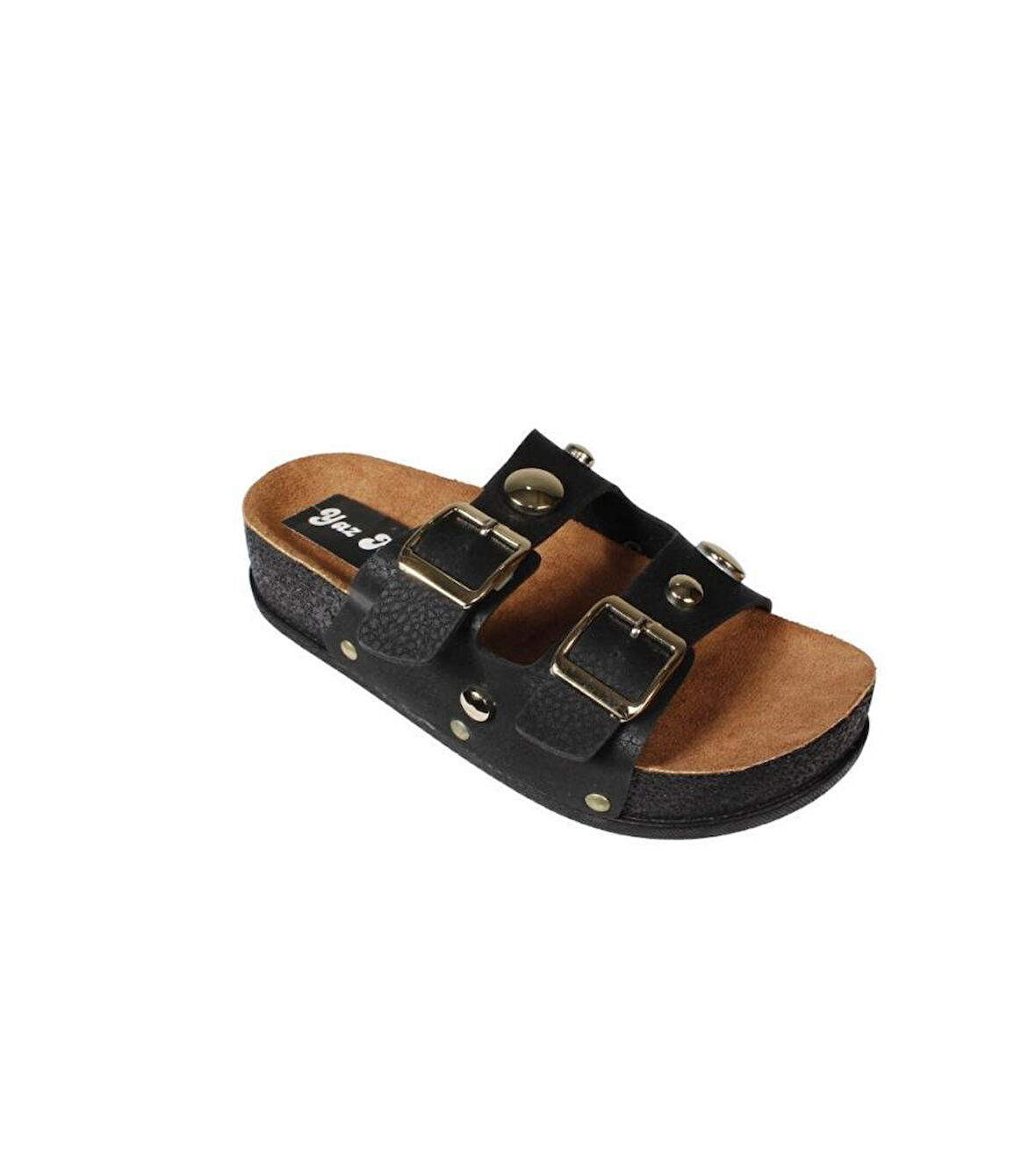 YAZKIŞ Kadın Siyah Ten Cilt Üzeri Altın Detaylı Çift Bantlı Geniş Taraklı 4cm Rahat Taban Terlik