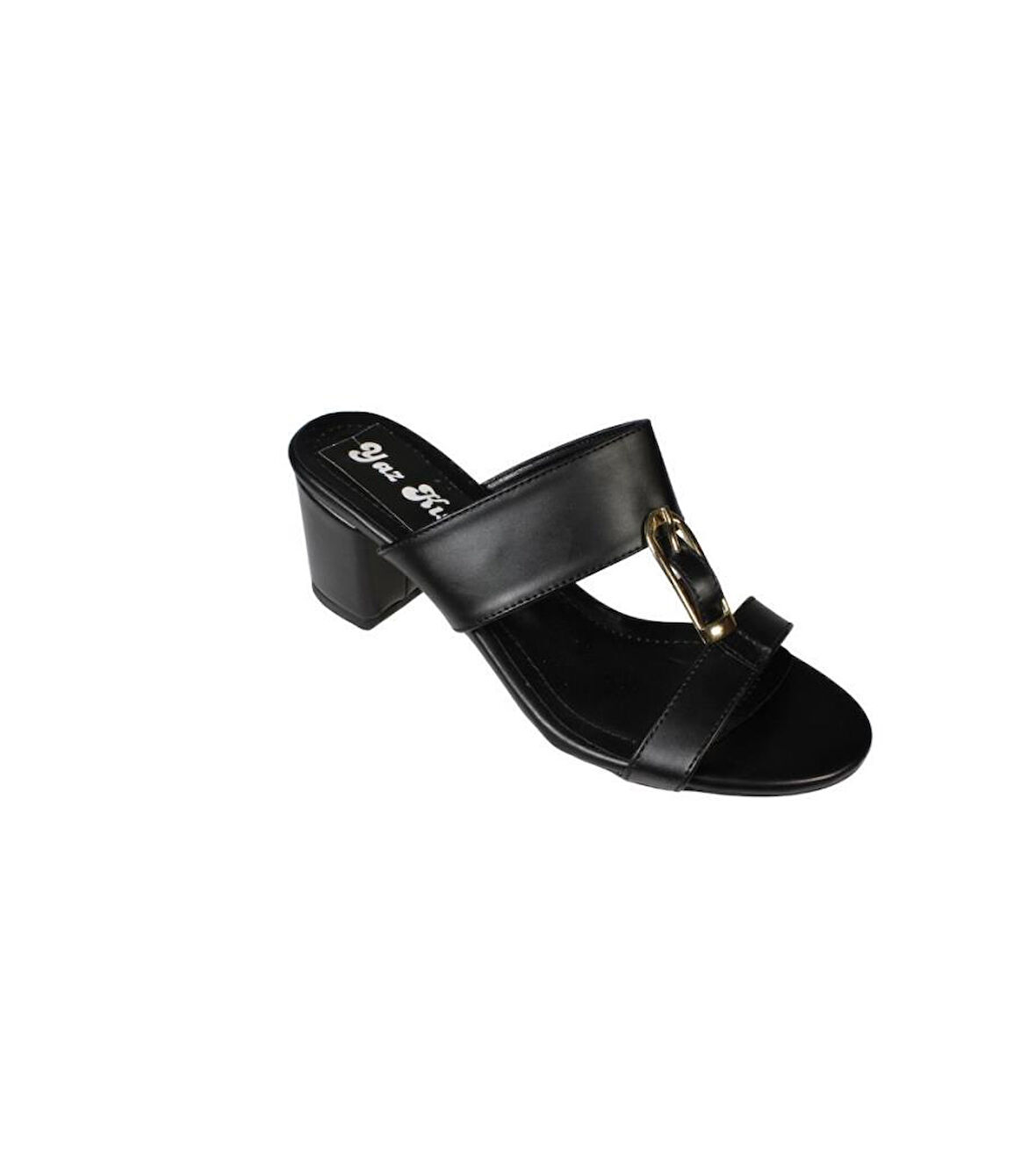 YAZKIŞ Kadın Siyah Beyaz Cilt antlı Üzeri Altın kemer Tokalı 5cm kalın taban terlik