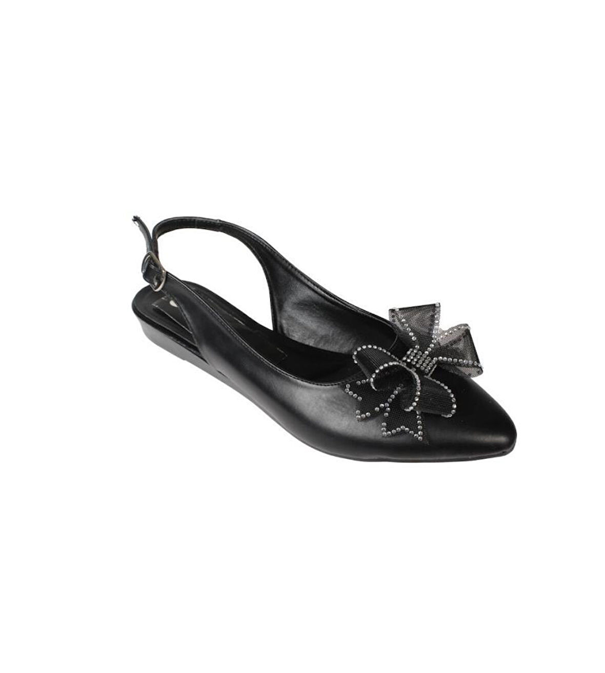 YAZKIŞ Kadın Siyah Beyaz Cilt Üzeri Tül Fiyonklu Önü kapalı Arkası Açık Babet