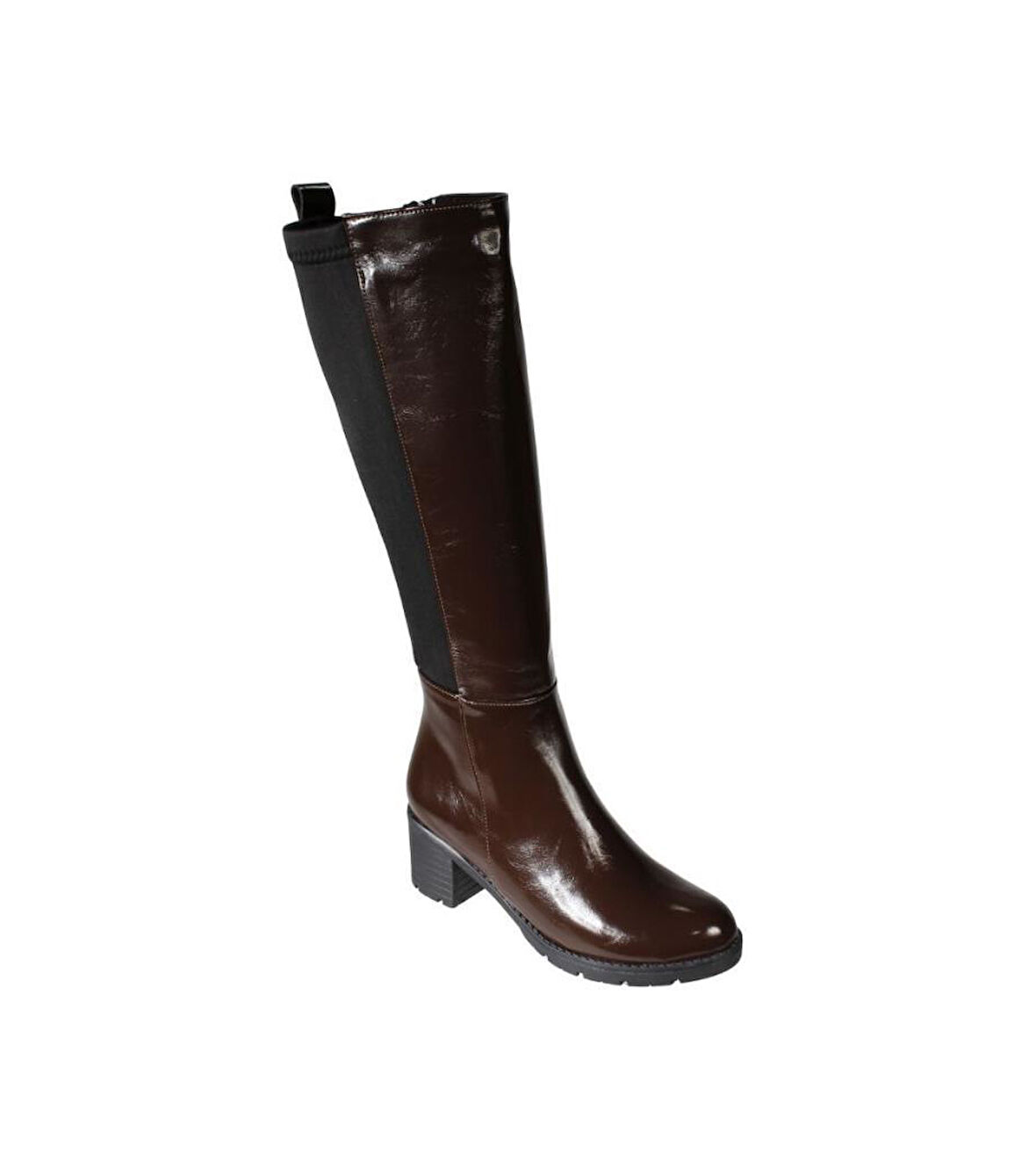 YAZKIŞ Kadın Siyah kahverengi Rugan Arkası Lastlikli 6cm Kalın Topuklu Çizme