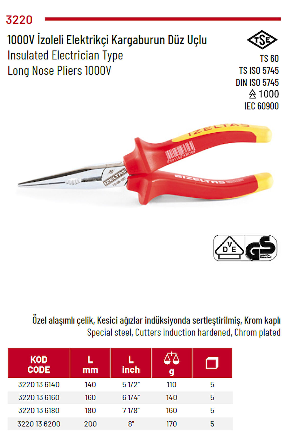 İzeltaş 1000V izoleli Elektrikçi Kargaburun Diz Uclu 180 mm