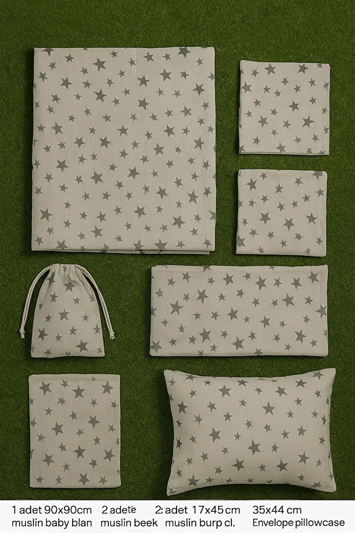 More Home Bebek Müslin Set %100 Pamuk 7 Parça Battaniye Ağız  Bezi Müslin yıldızlı 