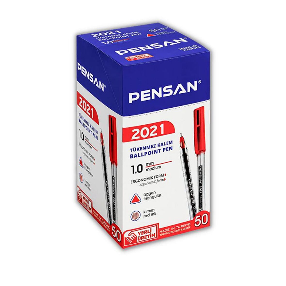 Kırmızı Tükenmez Kalem Pensan 2021 Şeffaf Üçgen Gövde 1.0 mm 50 Adet